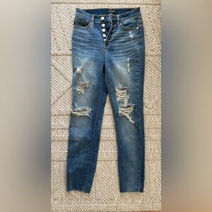 Judy Blue Distressed Button-Fly Skinny Jeans - Blue